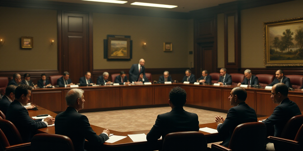 a group of people sitting around a table in a courtroom with a tv on the wall and a painting on the