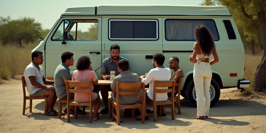 a group of people sitting around a table with a van in the background and a woman standing next to t