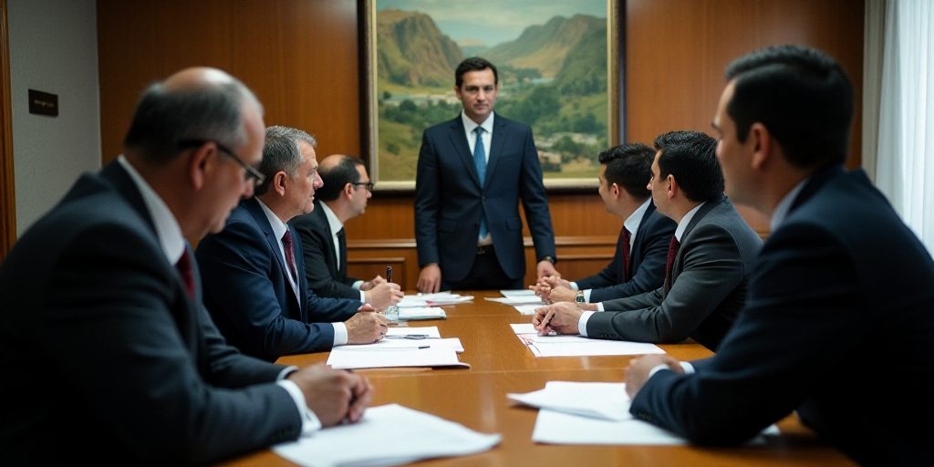 a group of people sitting around a conference table with papers on it and a man in a suit standing a