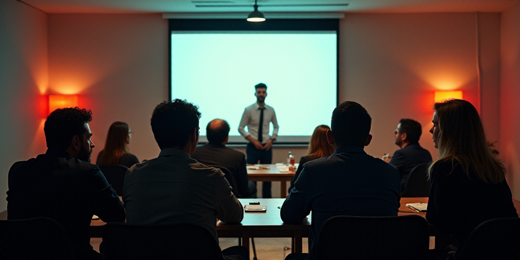 a group of people sitting around a table with a projector screen in the background and a man standin