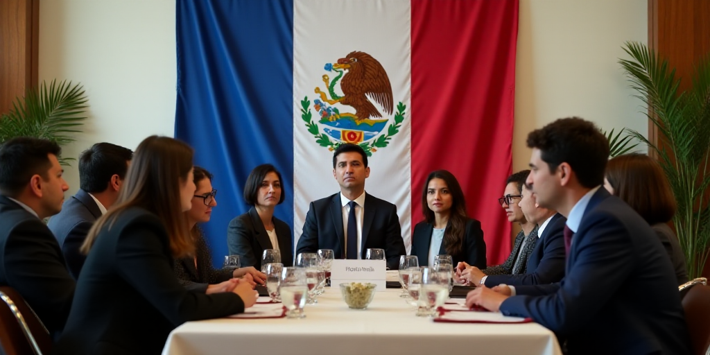 a group of people sitting around a table in front of a flag and a sign that says puebla, Federico Ur