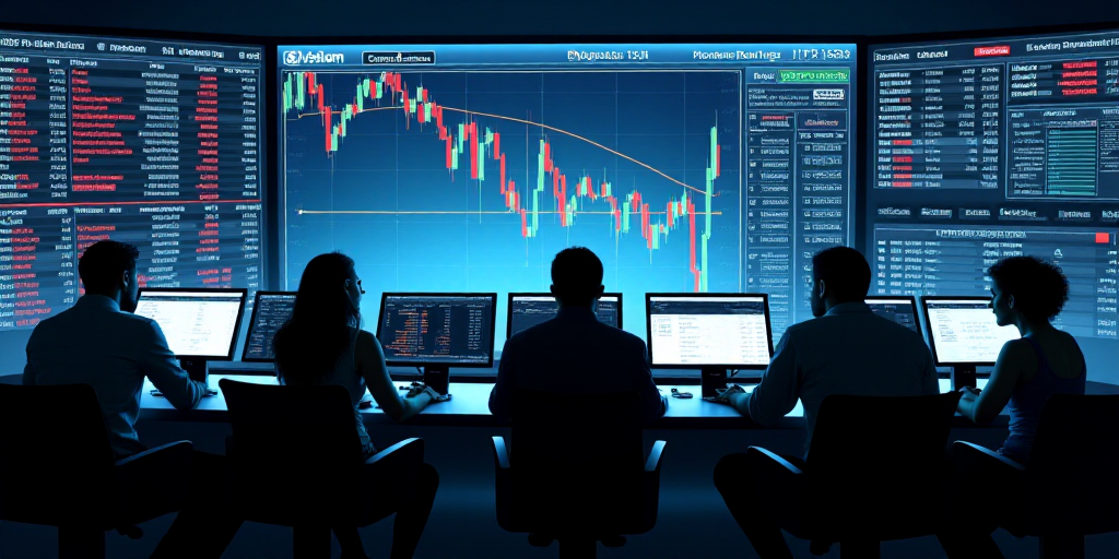a group of people sitting at a table in front of a stock market board with multiple monitors and scr