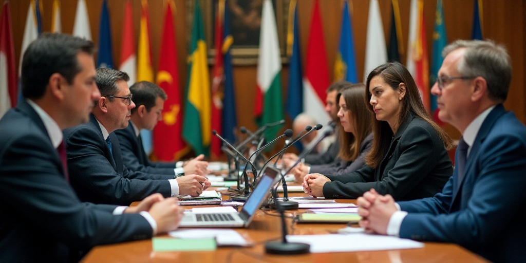 a group of people sitting at a table with laptops and microphones in front of them, with flags behin