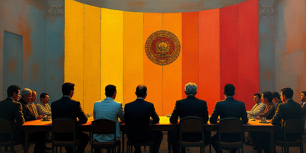 a group of people sitting at a table in front of a flag and seal of approval on a wall, David Alfaro