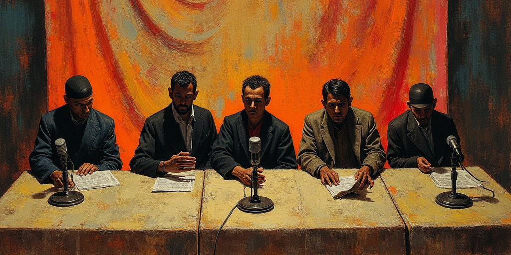a group of people sitting at a table with microphones in front of them and a banner behind them, Dav