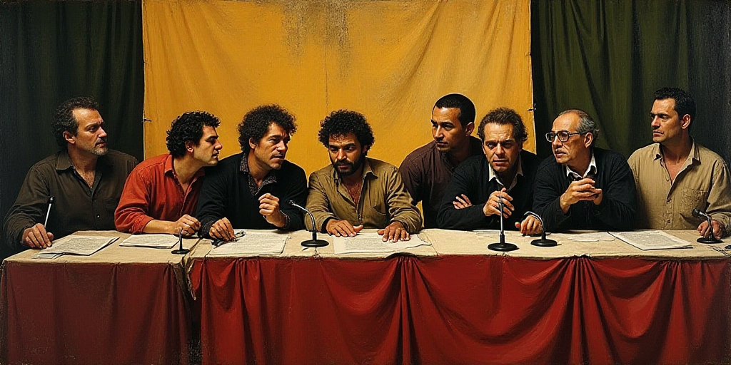 a group of people sitting at a table with microphones in front of them and a banner behind them, Dav