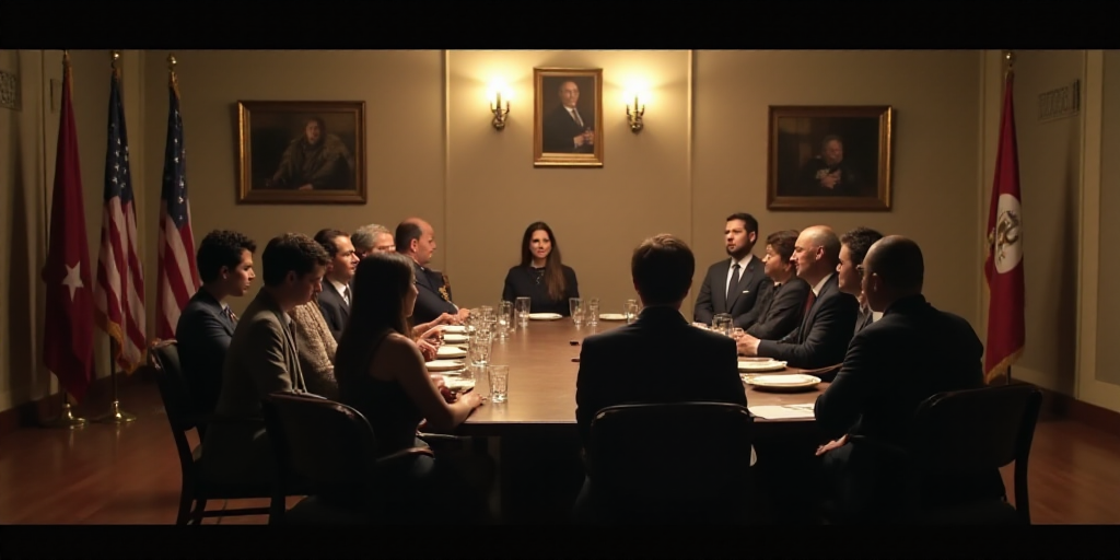 a group of people sitting at a table in a room with flags on the walls and a flag hanging from the c