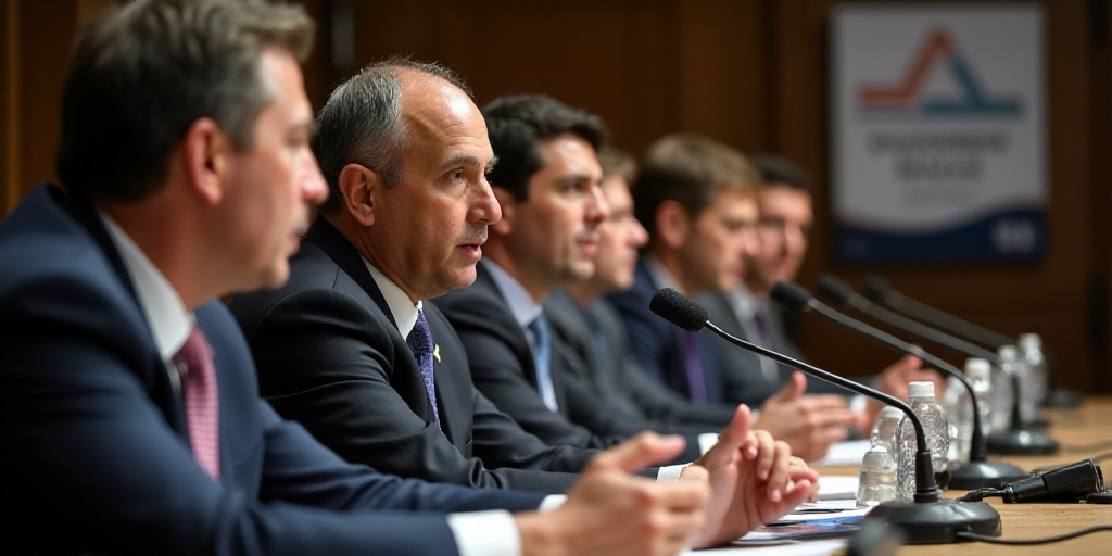 a group of people sitting at a table with microphones in front of them and a sign in the background,