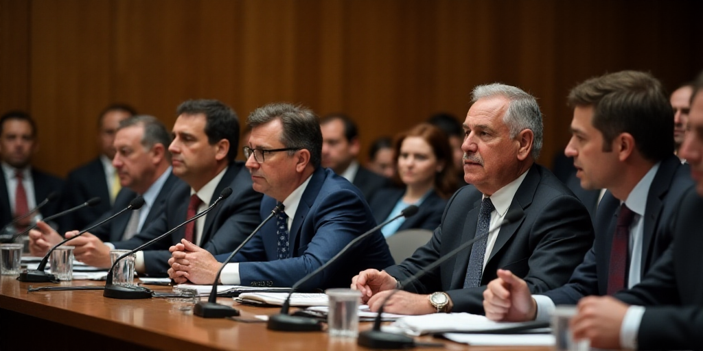 a group of people sitting at a table with microphones in front of them and people in suits and ties,