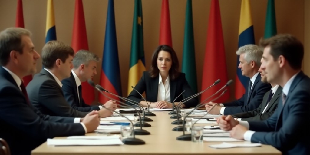 a group of people sitting at a table with papers and microphones in front of them and flags behind t