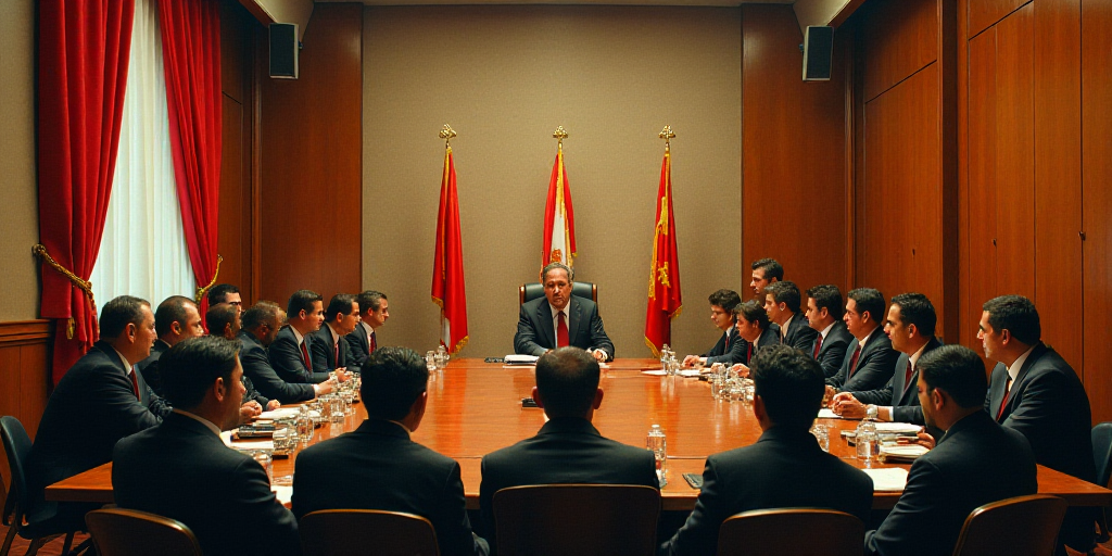 a group of people sitting at a table in a meeting room with a speaker in front of them and a flag ha