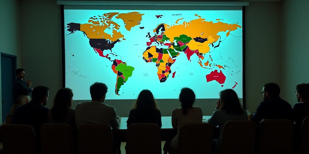 a group of people sitting at a table in front of a projector screen with a world map on it, Aquirax
