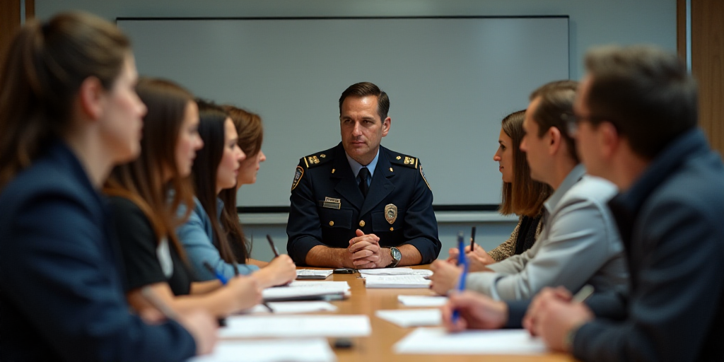 a group of people sitting at a table with papers and pens in front of them and a man in uniform, Ara