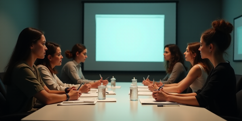 a group of people sitting at a table with papers and pens in front of them and a projector screen be