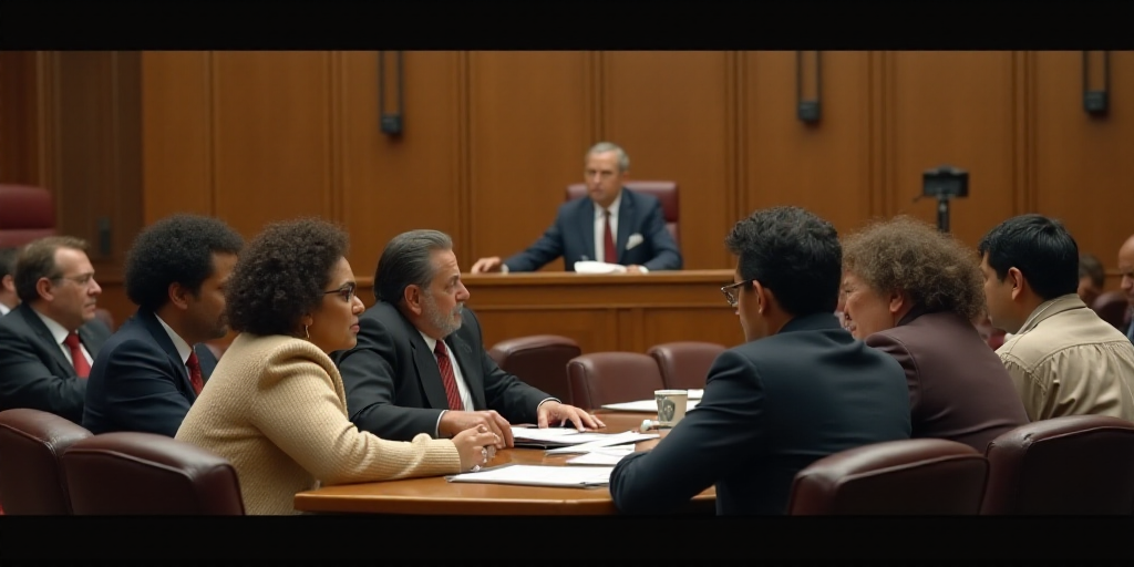 a group of people sitting at a table in a courtroom with a judge and a judge in the background, Davi