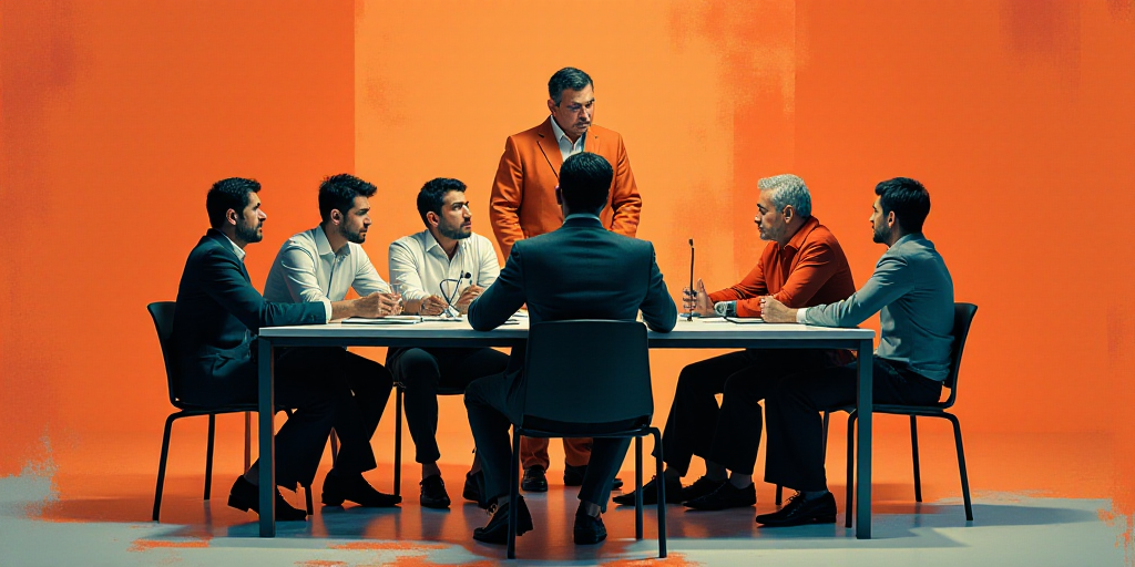 a group of people sitting at a table with a microphone in front of them and a man standing behind th