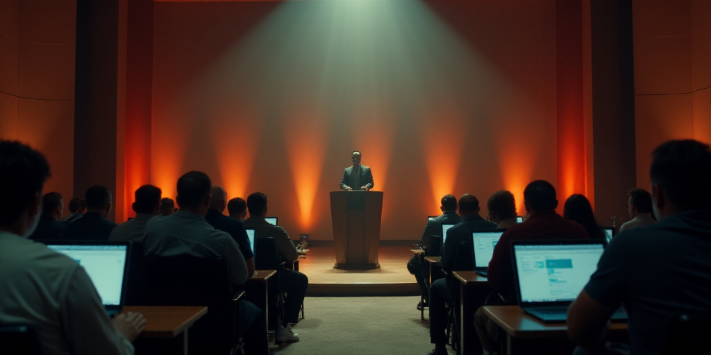 a group of people sitting in a room with laptops on their laps and a man standing at a podium, Eddie