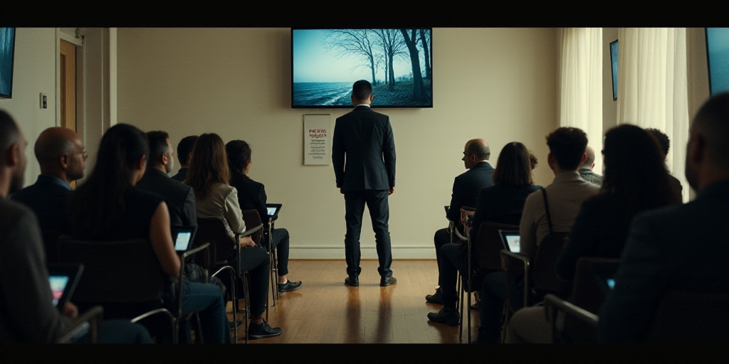 a group of people sitting in a room with a tv on the wall and a man standing in front of them, Arace