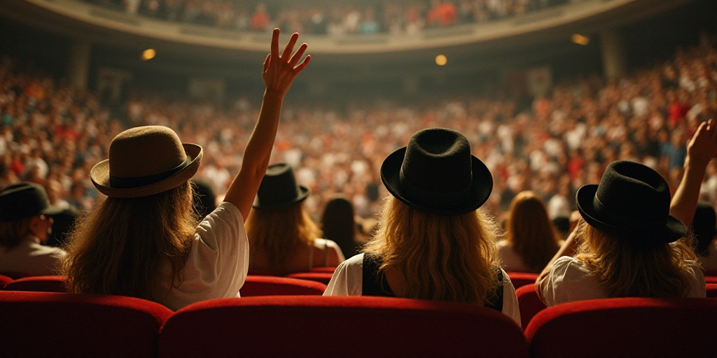 a group of people sitting in a stadium with their hats on their heads and hands up in the air, Ada G
