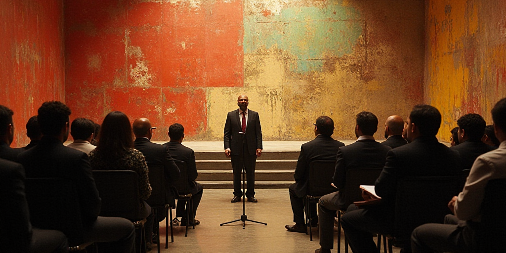 a group of people sitting in a room with chairs and a microphone in front of them and a speaker in t