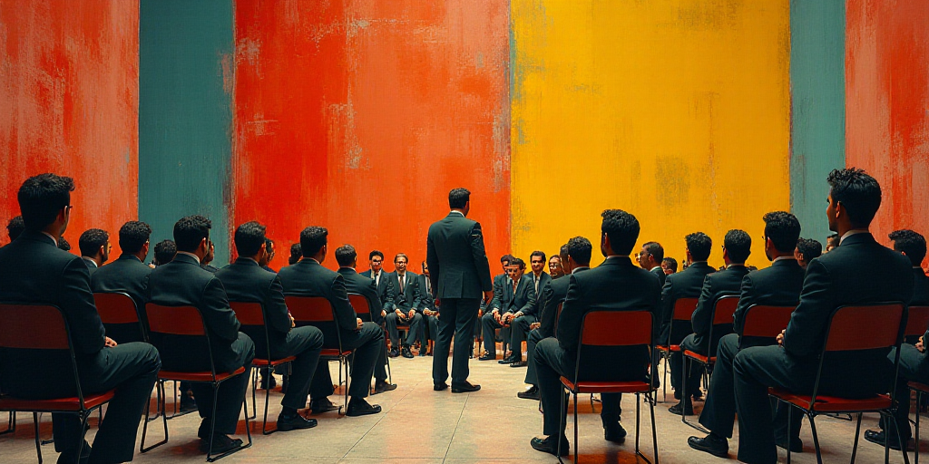 a group of people sitting in chairs in a building with a man standing at the front of the room, Davi