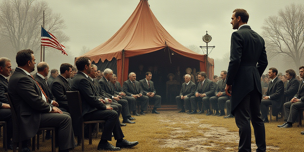 a group of people sitting in chairs under a tent with a flag on it and a man standing in front of a