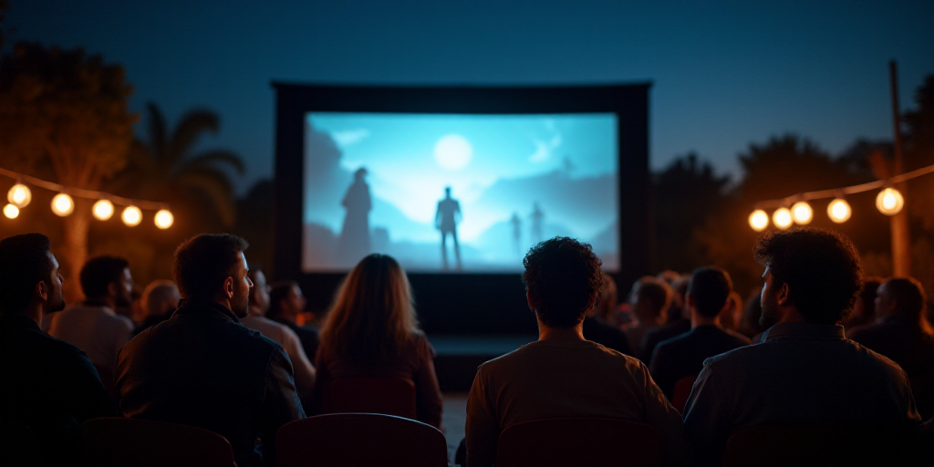 a group of people sitting in chairs watching a movie on a screen at night time with a projector scre