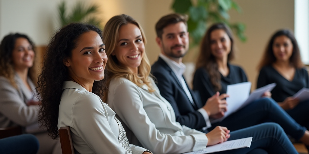 a group of people sitting in chairs holding papers in their hands and looking at the camera with a s