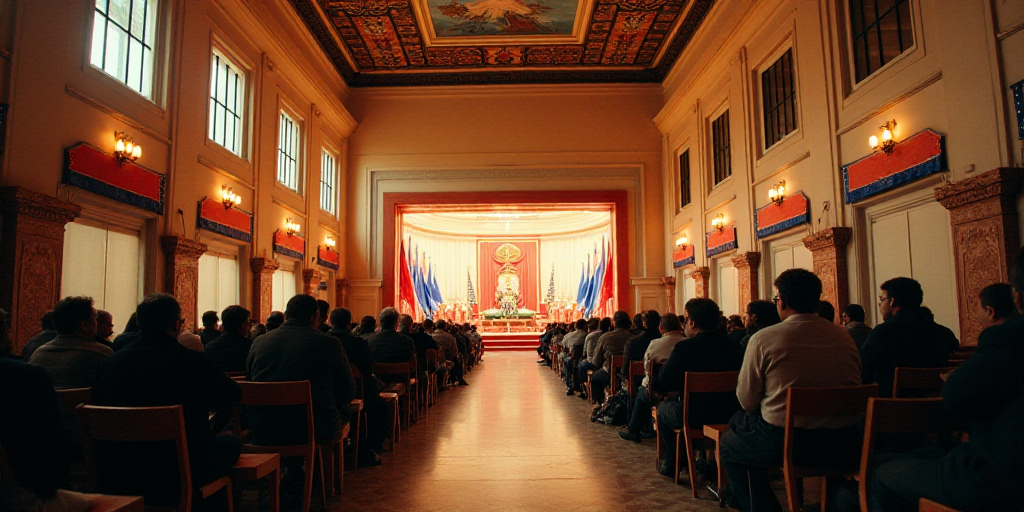 a group of people sitting in chairs in a building with flags on the walls and a stage in the middle,