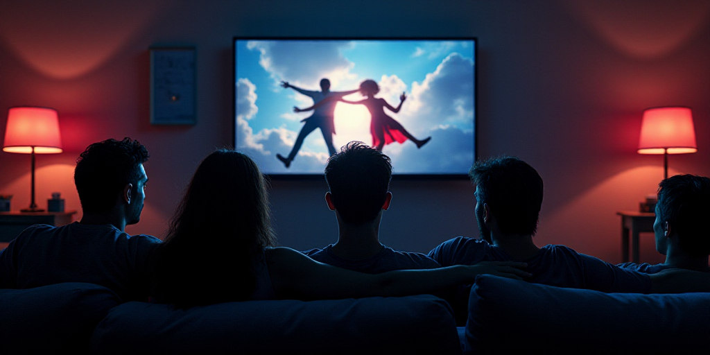 a group of people sitting in front of a tv watching a movie on the wall above them is a movie poster