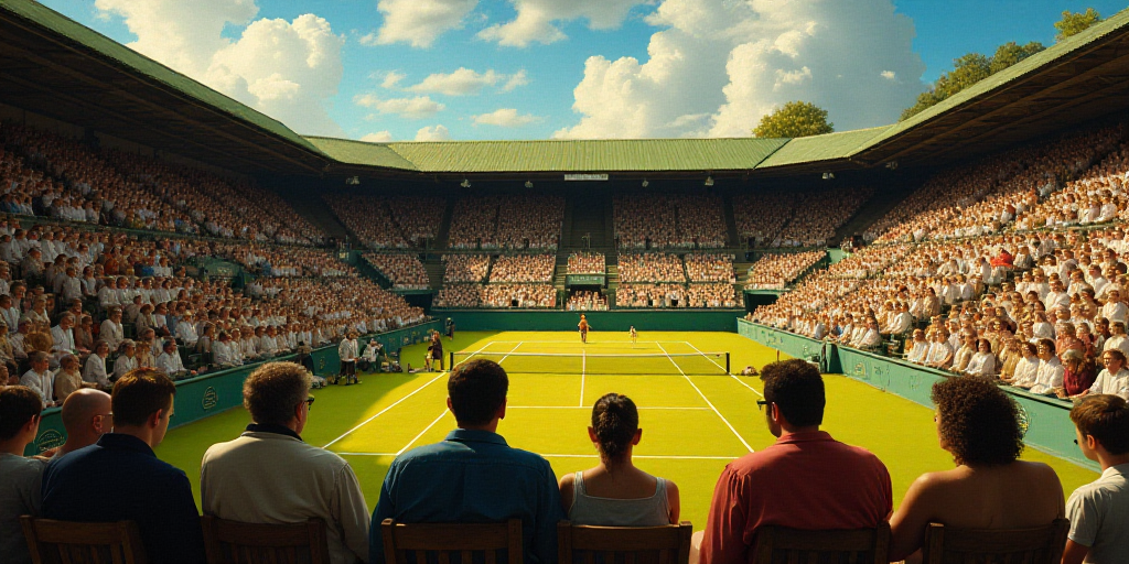 a group of people sitting next to each other in a stadium watching a game of tennis on a sunny day,