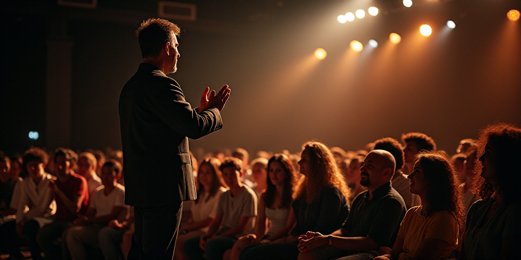 a group of people sitting on a stage with a man standing in front of them and clapping at the front,