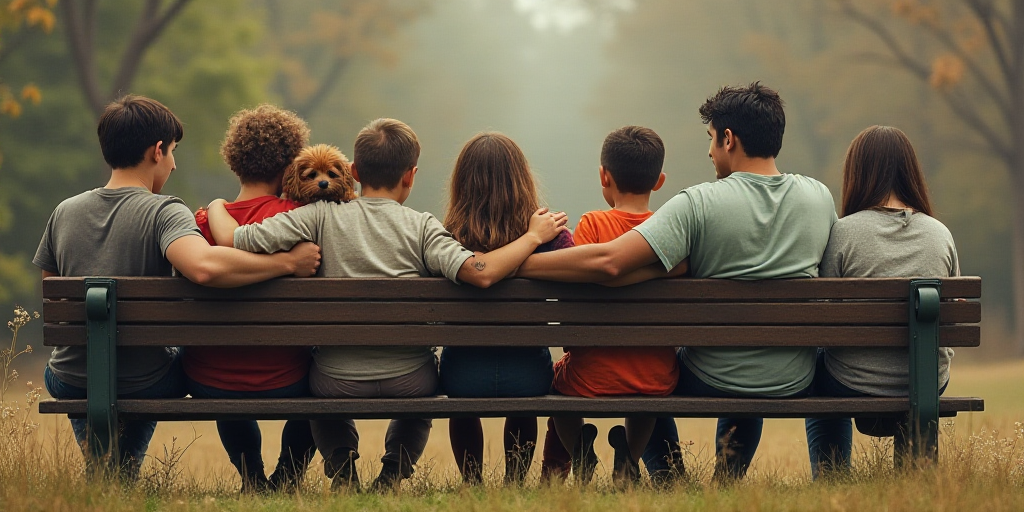 a group of people sitting on a bench with their heads together and one person holding a dog in their