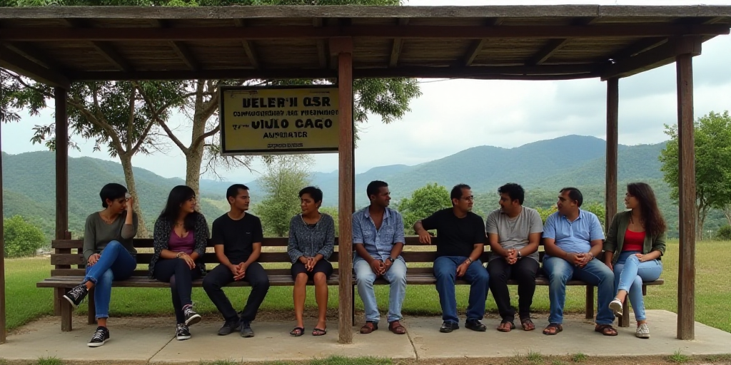 a group of people sitting on a bench under a covered area with a sign above it that says vielle rion