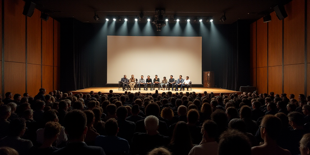 a group of people sitting on a stage in front of a crowd of people in chairs with a speaker, Eduardo
