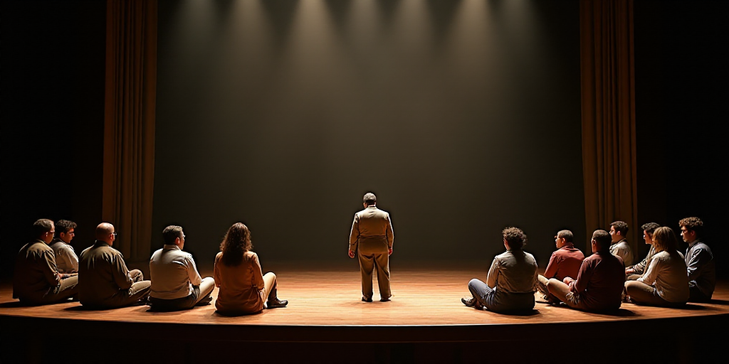 a group of people sitting on a stage with a man standing on a stage in front of them and a woman sta