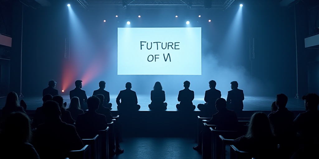 a group of people sitting on a stage with a screen in the middle of the room that says future of m,