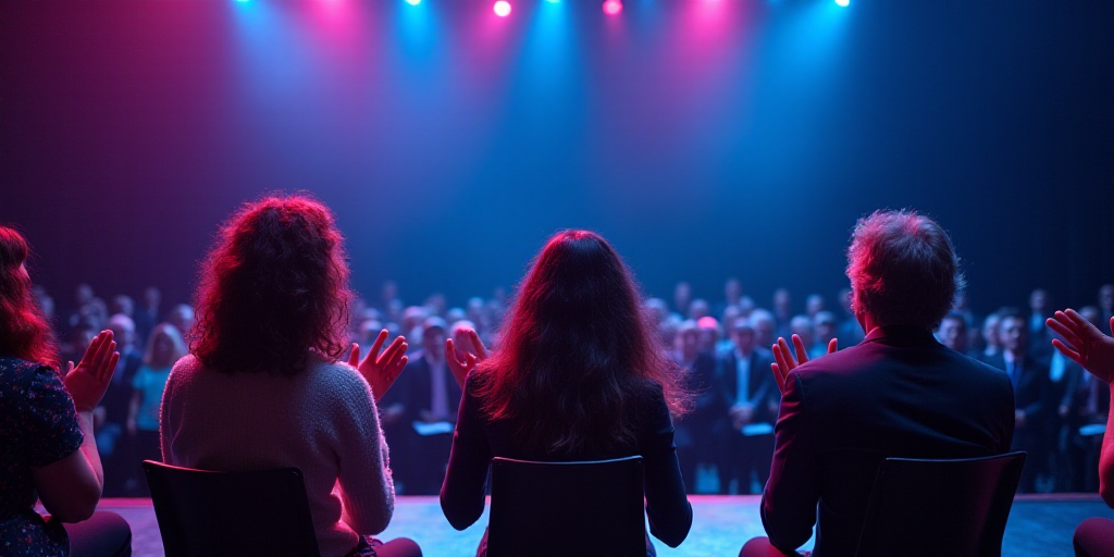 a group of people sitting on a stage clapping hands in front of a crowd of people in suits and ties,