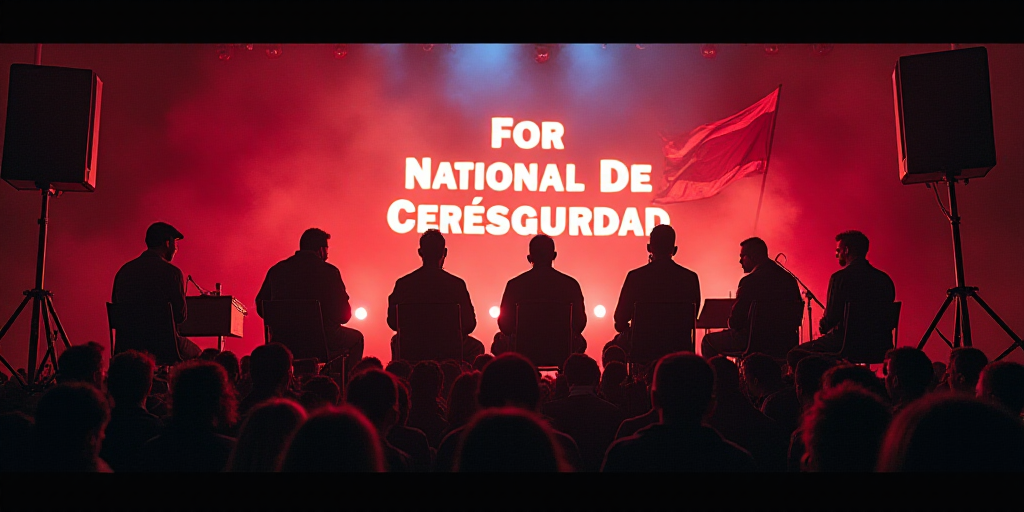 a group of people sitting on a stage with a flag behind them and a banner behind them that says 2 fo