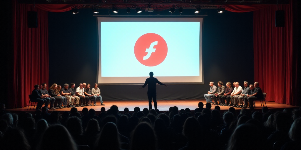 a group of people sitting on a stage in front of a screen with a logo on it and a man standing in fr