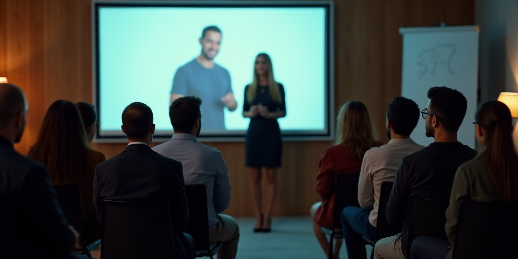 a group of people sitting on chairs in front of a screen with a man speaking on it and a woman stand