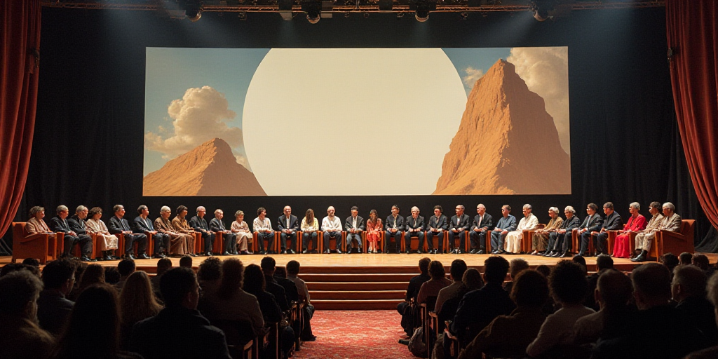 a group of people sitting on stage at a global summit with a large screen behind them and a large sc
