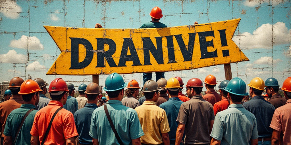 a group of people standing around a sign with a man in a hard hat on it's back, Eduardo Lefebvre Sco