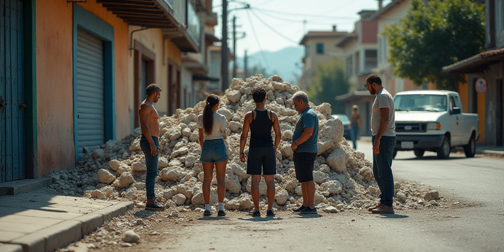 a group of people standing around a pile of rubble on a street corner with a car parked in the backg