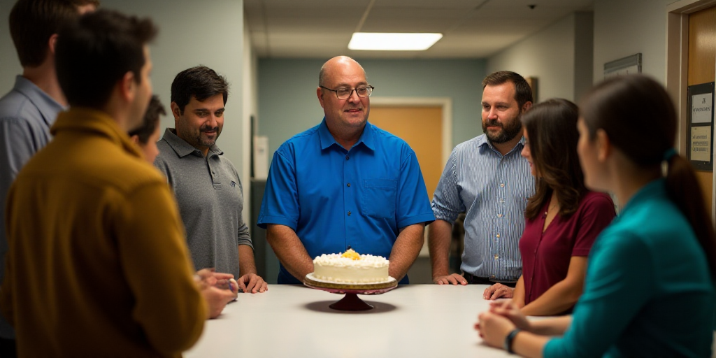 a group of people standing around a table with a cake on it and a man in a blue shirt, Doug Ohlson,