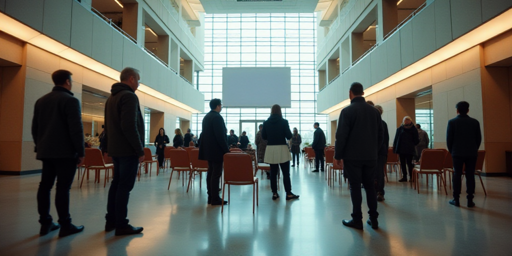 a group of people standing around a lobby with a lot of chairs and a tv screen in the background, Ce
