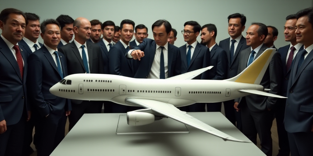 a group of people standing around a model of a plane and a man pointing at it with a crowd of people