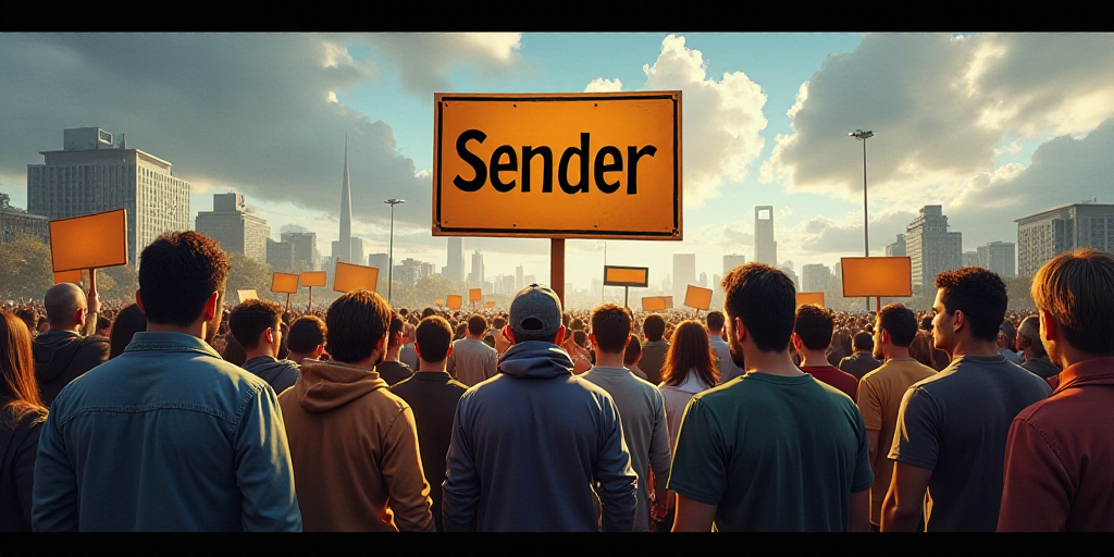 a group of people standing around a sign that says sender with a lot of people holding signs in fron