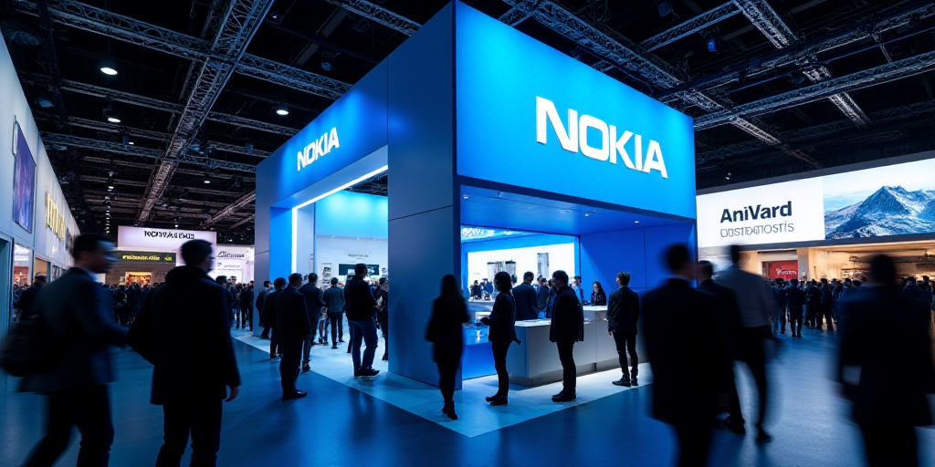 a group of people standing around a booth at a convention or exhibition with a sign that says nokia