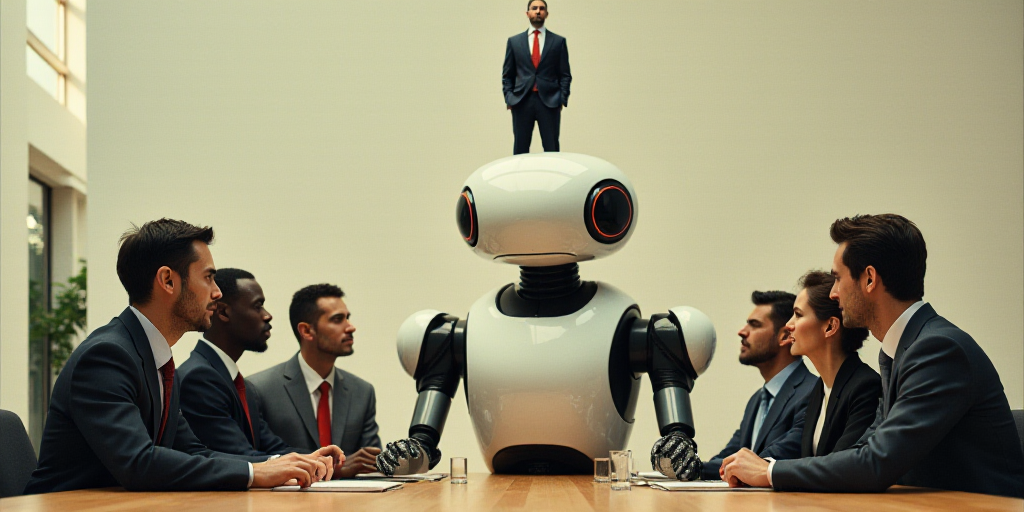 a group of people standing around a table with a robot on it's head and a man in a suit on top of it